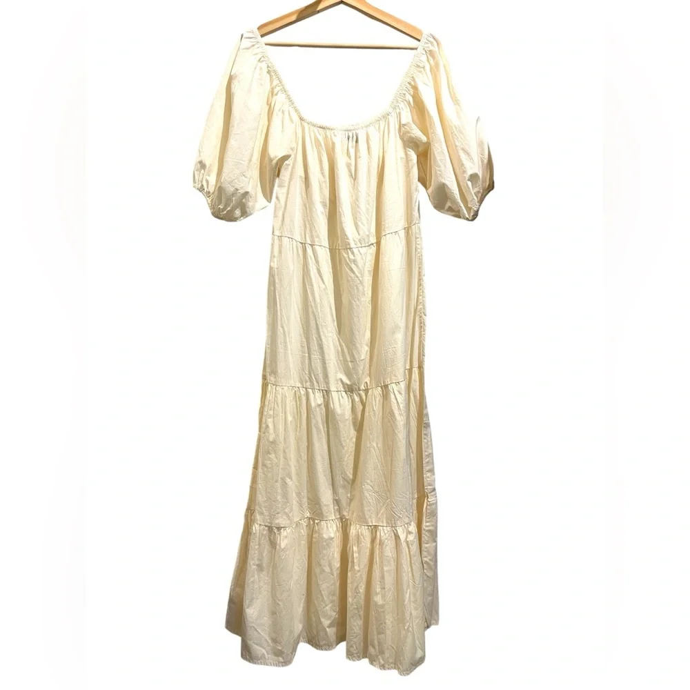 Fathfull the Brand Ronan Cotton Poplin Puff Sleeve Square Neck Tiered Midi Dress